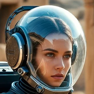 Lyra Kael, a time traveler in a clear helmet and dark suit with cyan lights