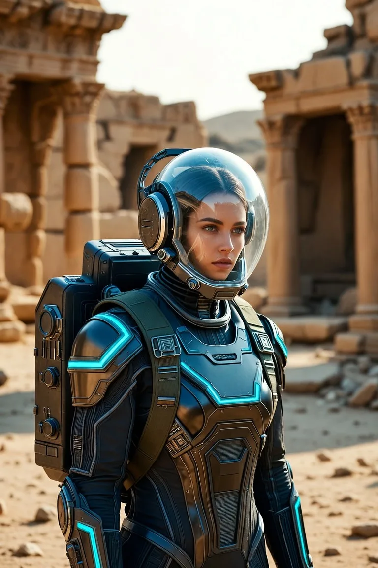 Lyra Kael standing among desert ruins in a time-travel suit