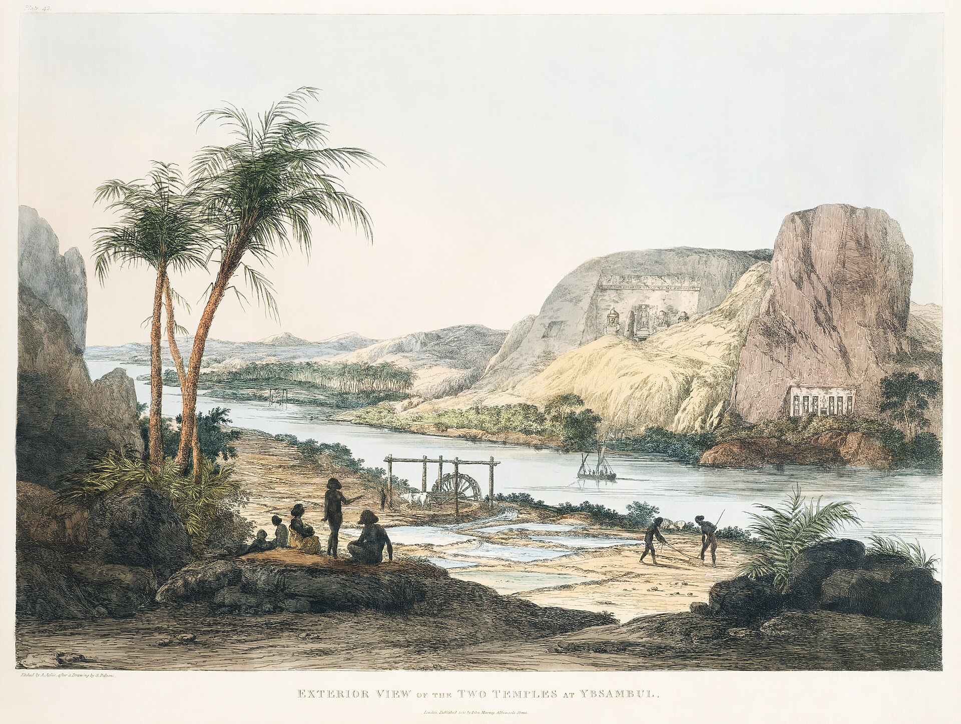 Exterior View of the Temple of Ybsambul illustration from the kings tombs in Thebes by Giovanni Battista Belzoni (1778-1823) from Plates illustrative of the researches and operations in Egypt and Nubia (1820).