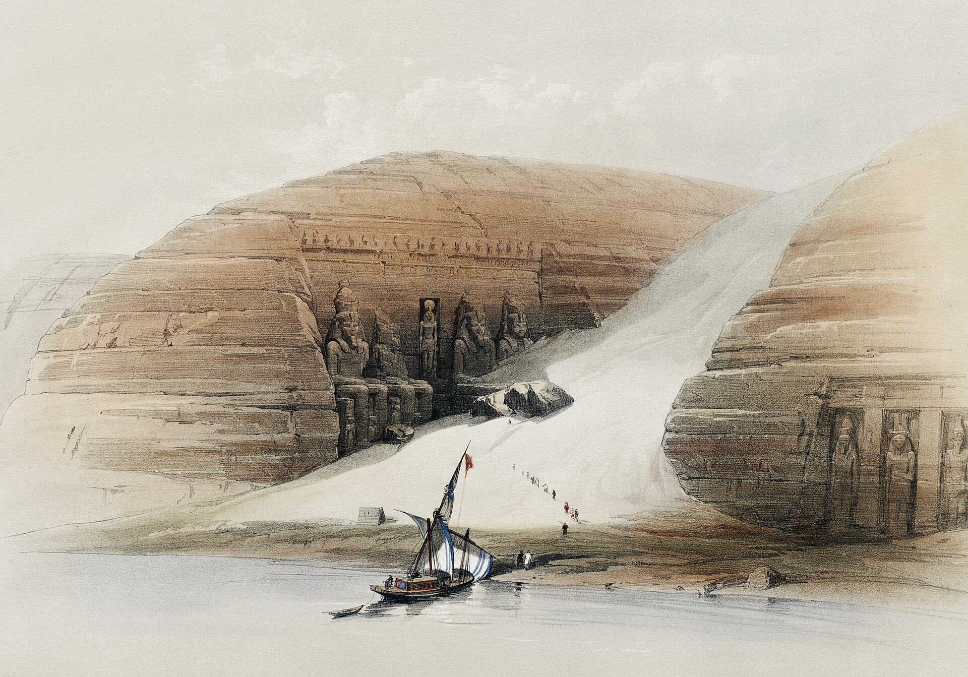 Excavated temples of Aboosimble (Abu Sunbul) Nubia illustration by David Roberts (1796-1864).
