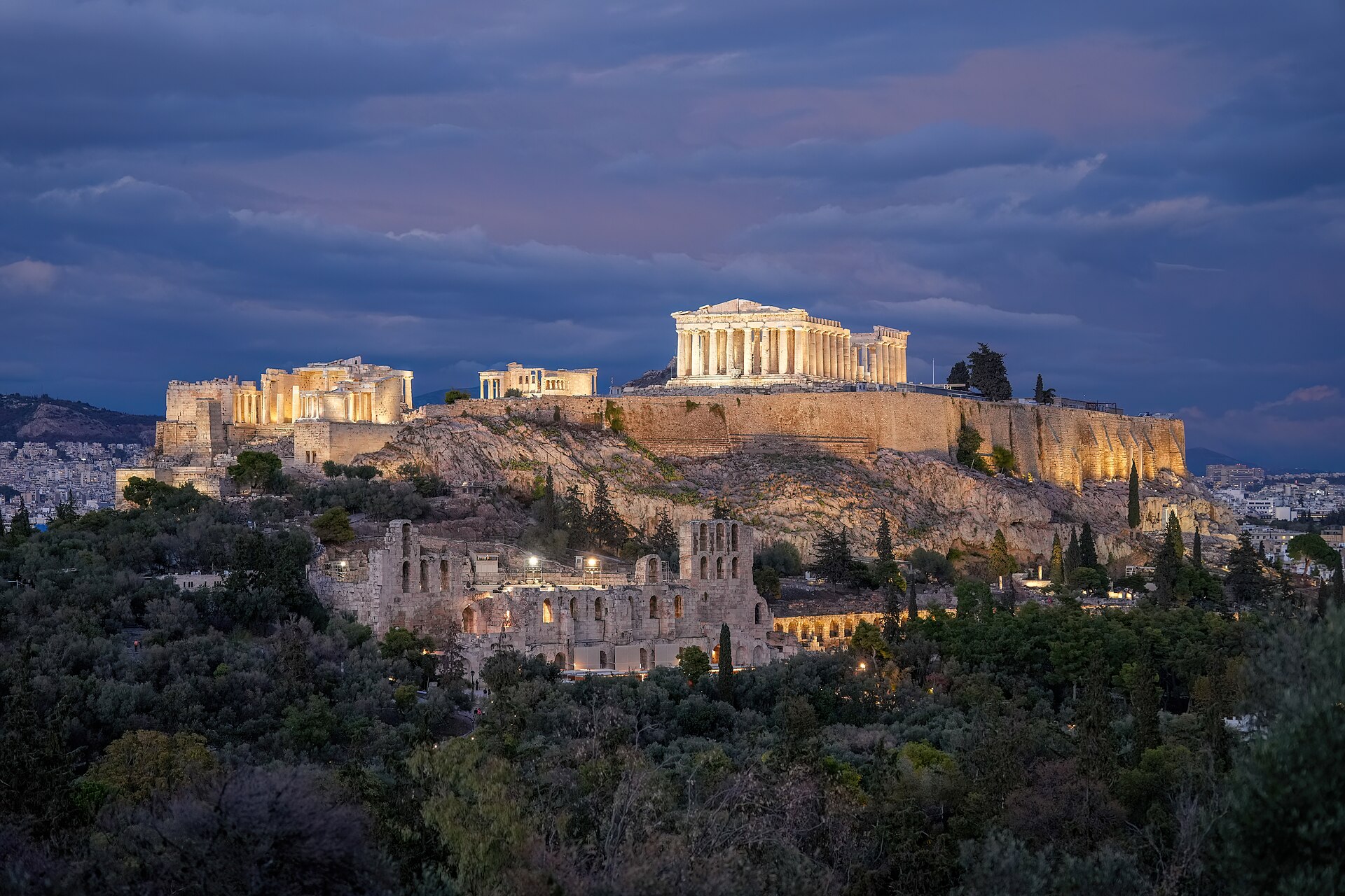 Acropolis of Athens in Greece at night
