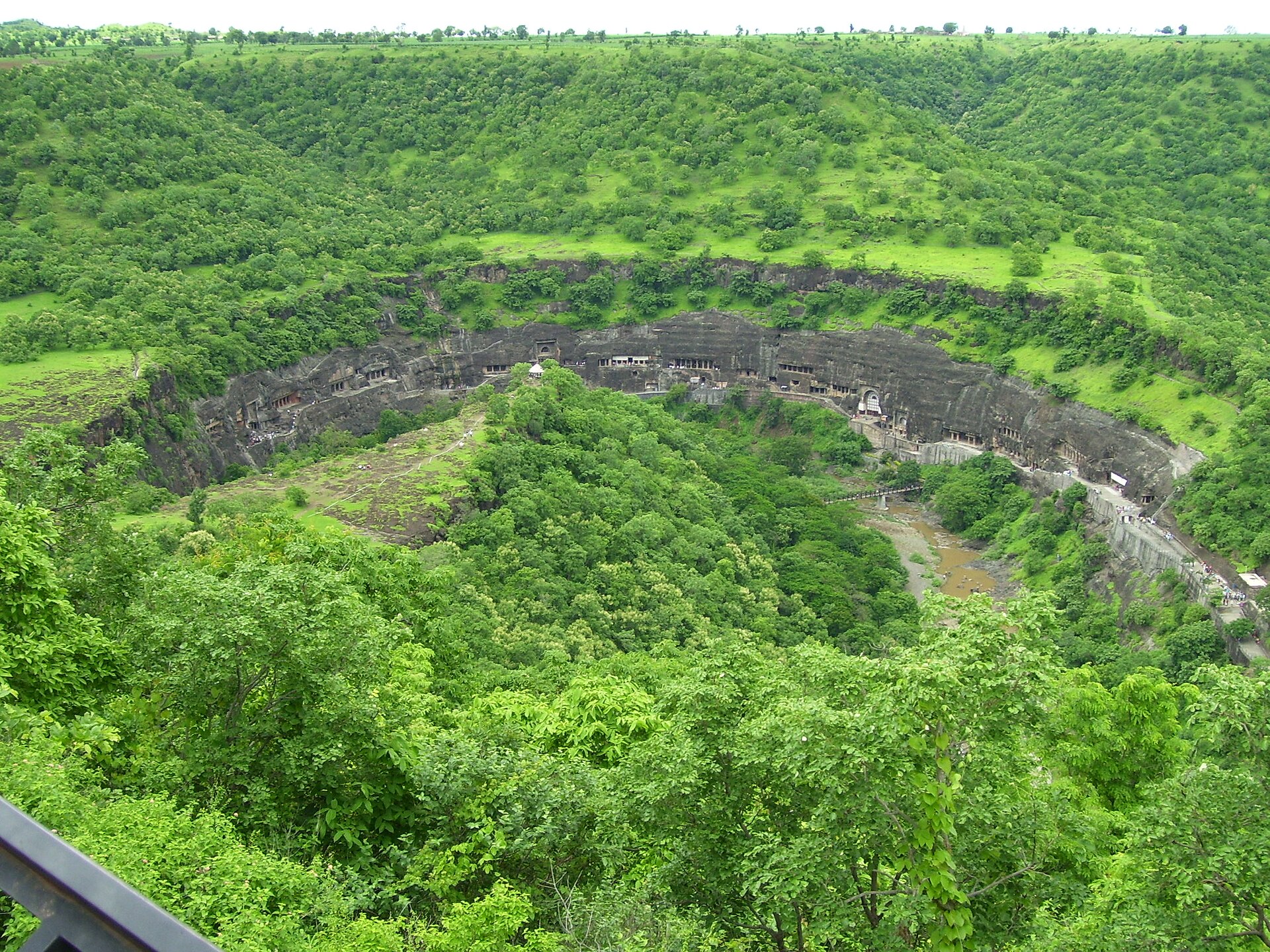The horse shoe shape of Ajanta Caves in Maharashtra, India, as seen from the Ajanta caves view point.