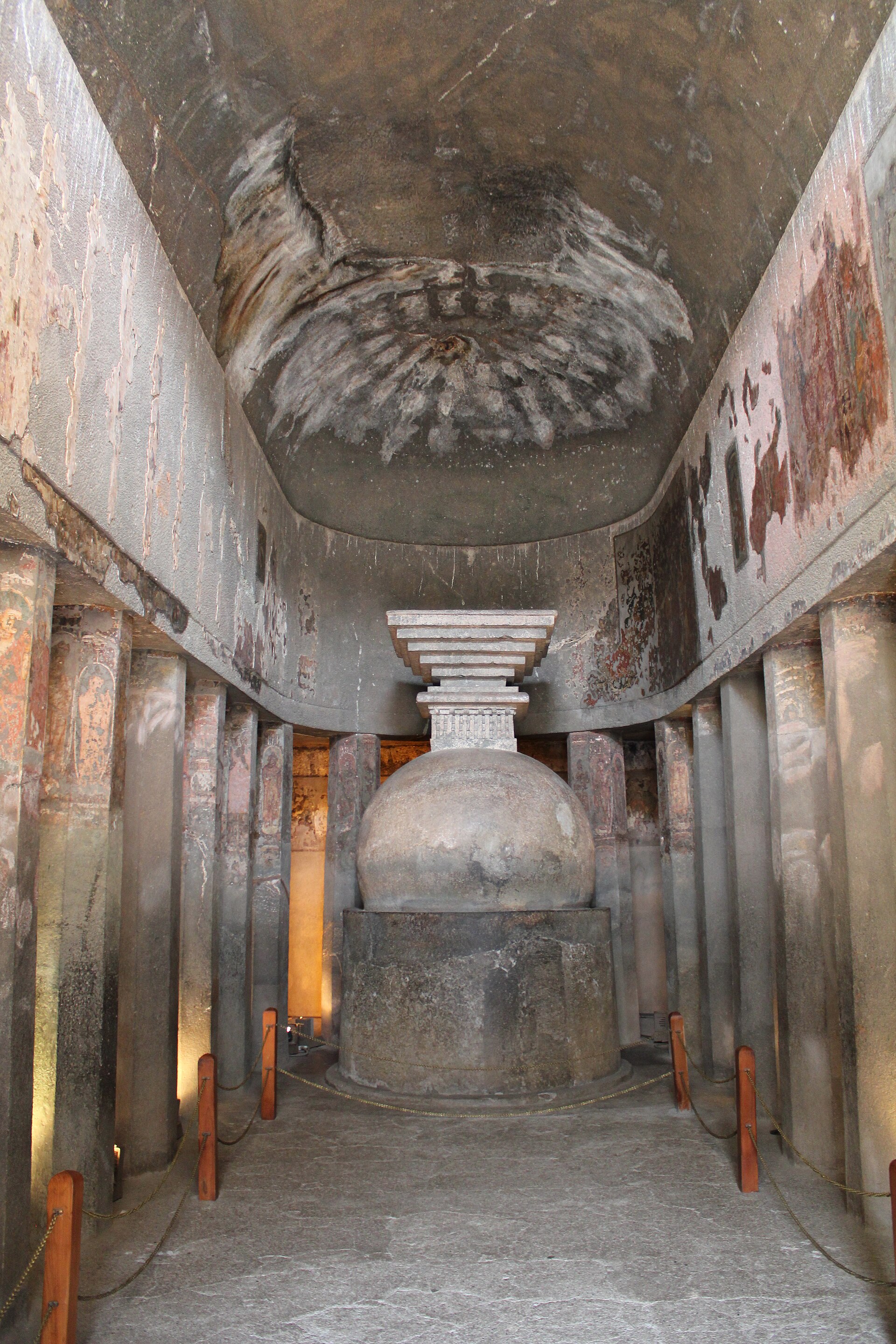 Ajanta, cave 9, chaitya-griha, with stupa The Ajanta Caves in Aurangabad district of Maharashtra, India are about 30 rock-cut Buddhist cave monuments which date from the 2nd century BCE to about 480 or 650 CE. The caves 