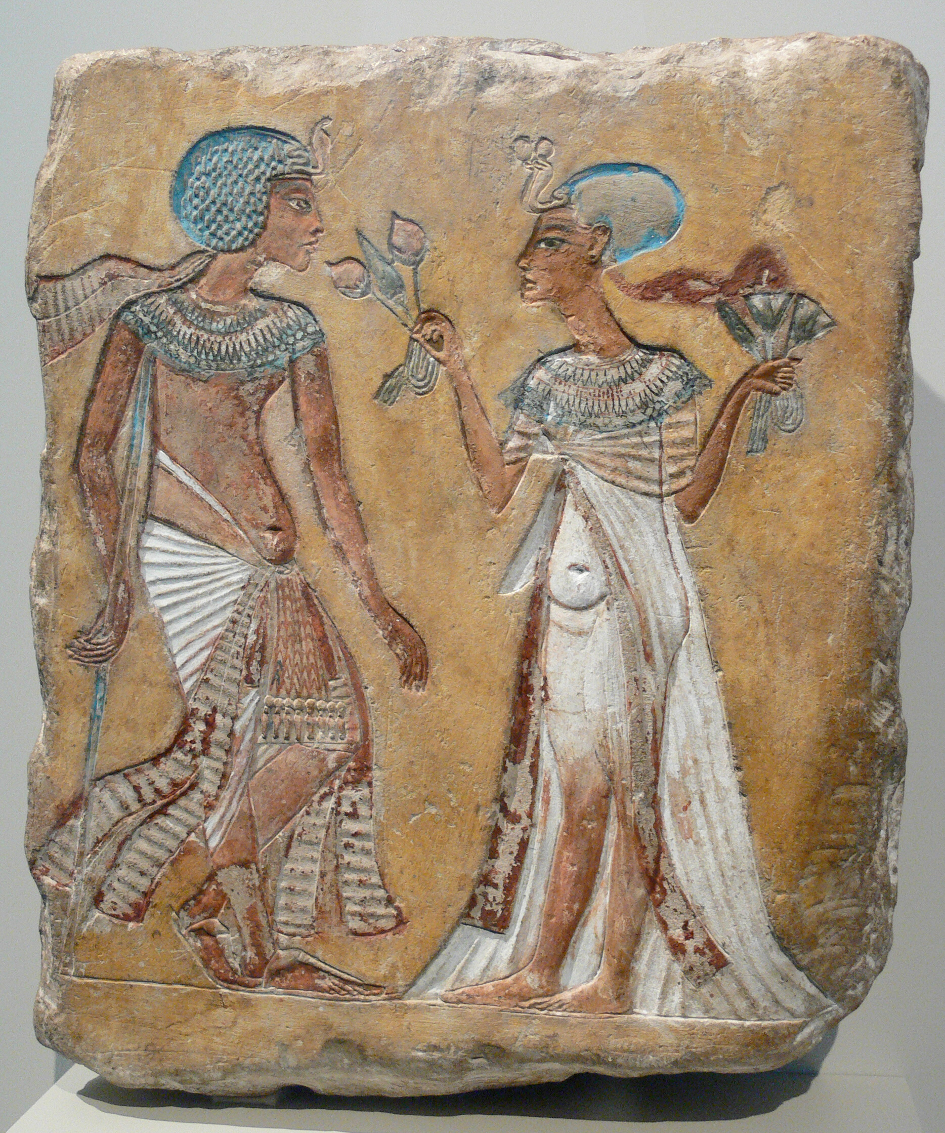 Artist's sketch: Walk in the Garden; limestone; New Kingdom, 18th dynasty, c. 1335 BC. Egyptian Museum Berlin, Inv. no. 15000 (donated by James Simon in 1920). Information from Image:ReliefOfARoyalCouple.png description 