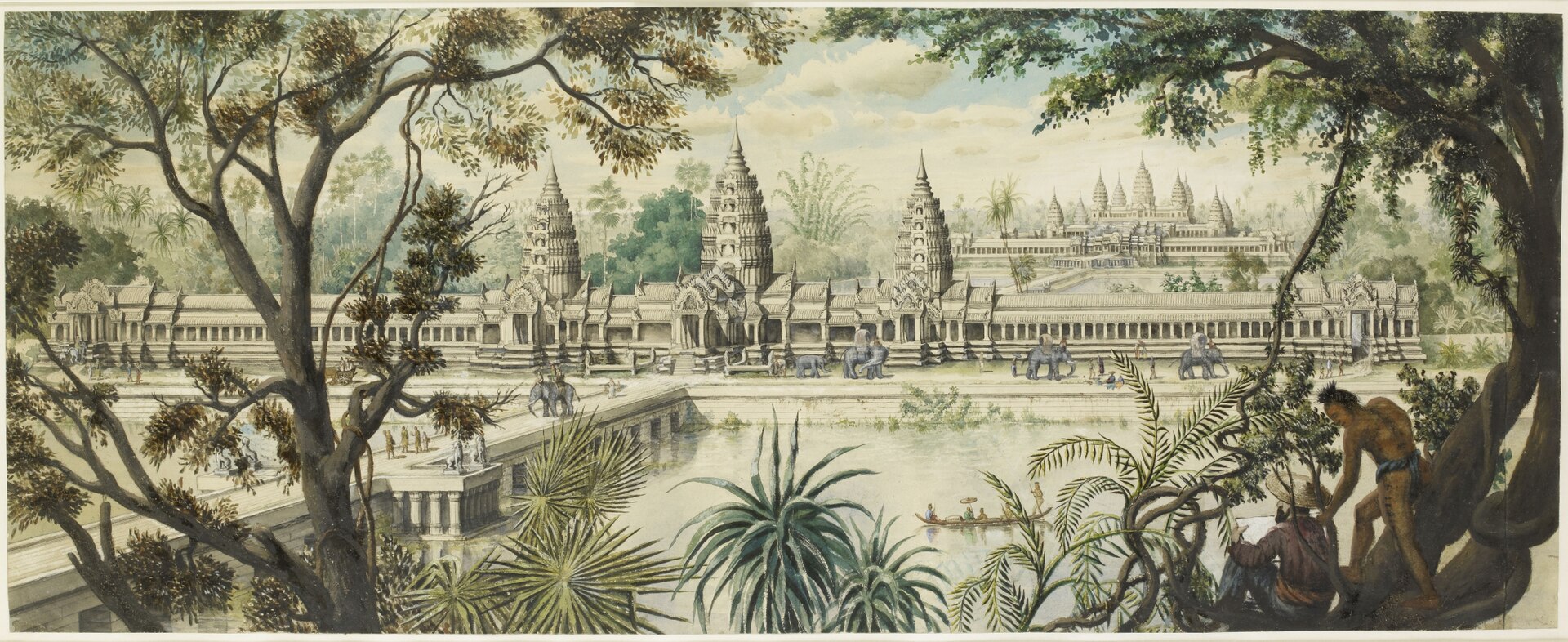 Title: "Cambodge: Colonnade de l'entrée ouest et vue générale d'Angkor Wat" (Translation: Cambodia: Western Entrance Colonade and General View of Angkor Wat). Watercolor on paper by Louis Delaporte, in 1873.