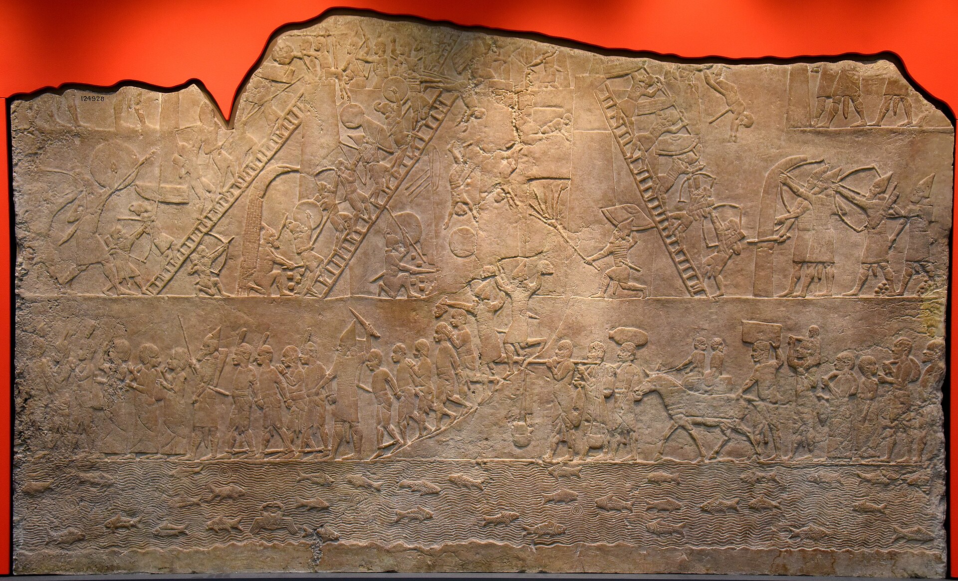 This gypsum panel shows the Assyrian army attacking the Egyptian city of Memphis and commemorates the final victory of the Assyrian king Ashurbanipal II over the Egyptian king Taharqa in 667 BCE. This wall slab was origi
