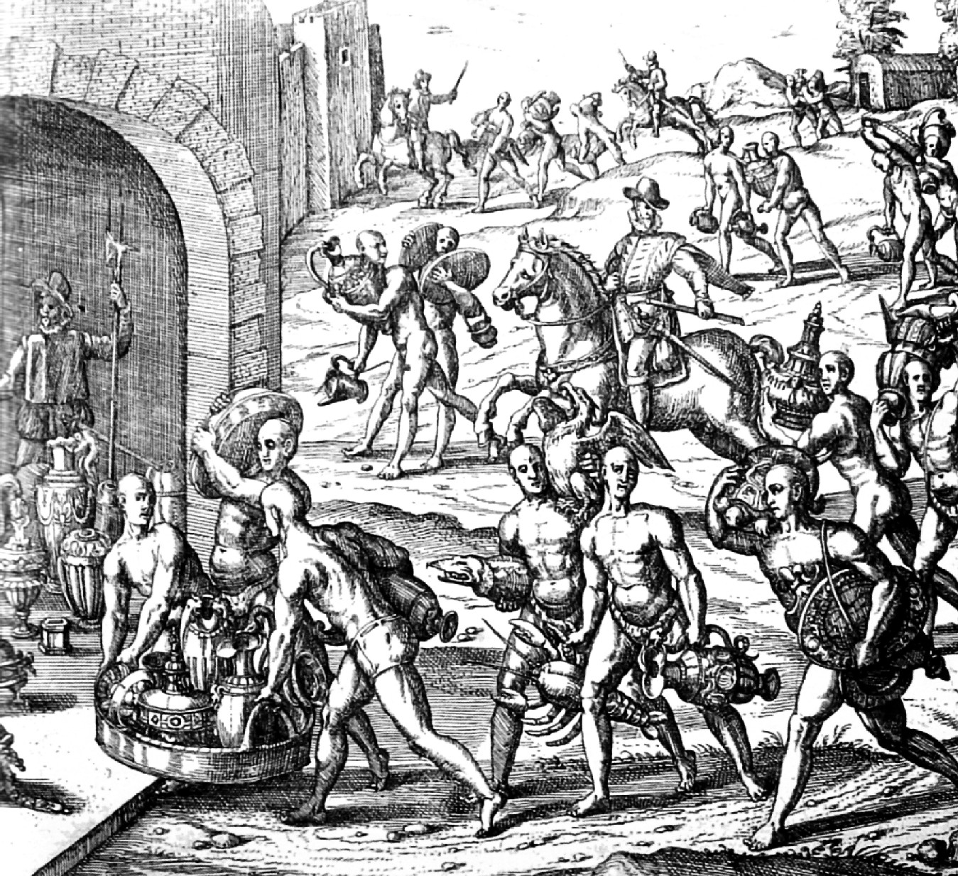 Grabado de Theodor de Bry, siglo XVI, que representa el acarreo de oro y plata para el rescate del inca Atahualpa en Cajamarca.