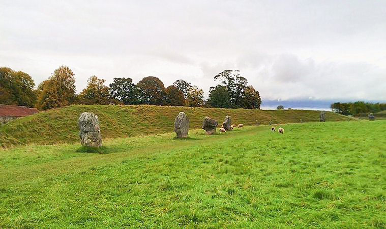 The northwest portion of the henge and stone circle at Avebury, a late prehistoric monument in the village of Avebury, Wiltshire.
