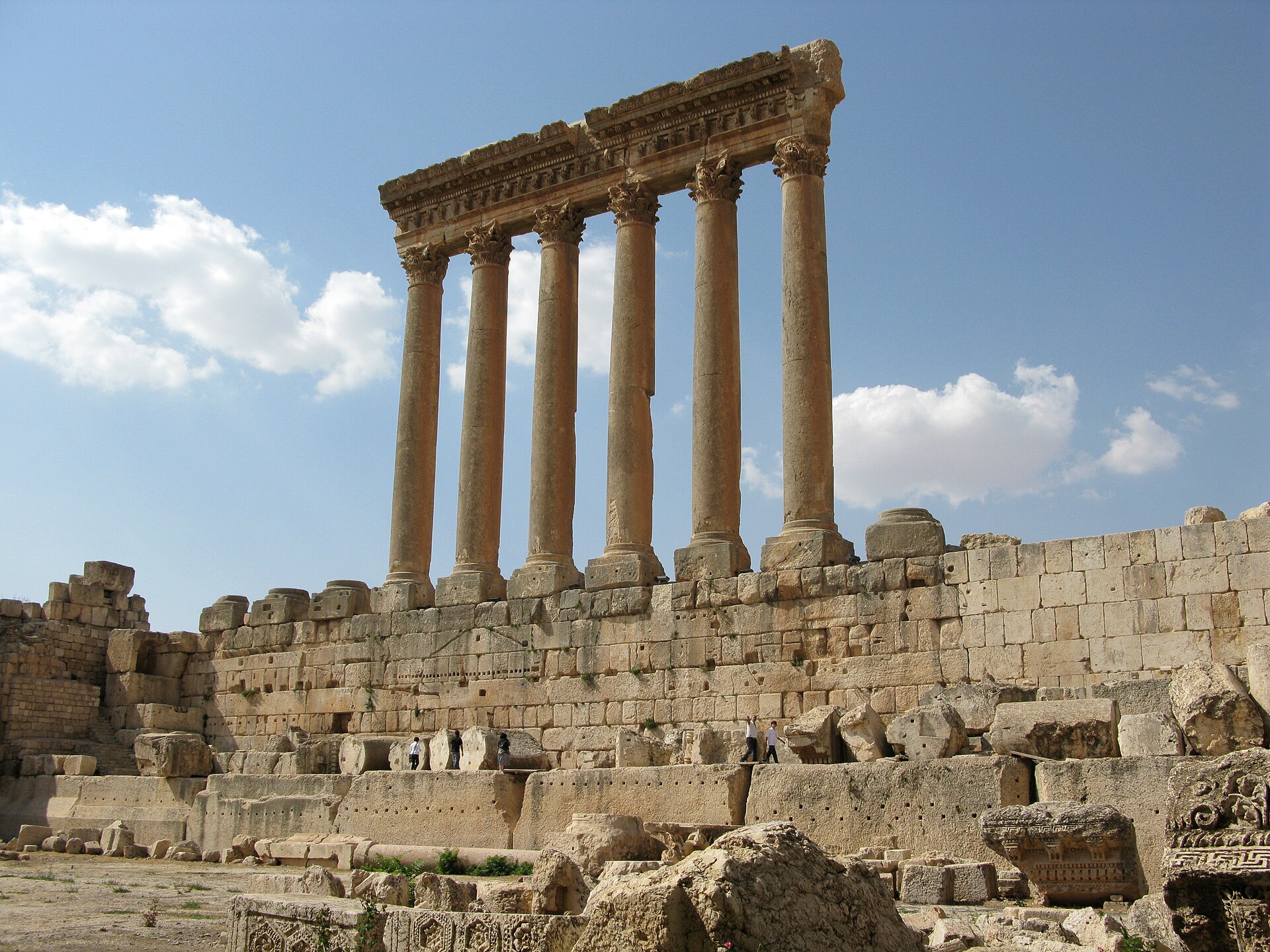 It was a colossal temple dedicated to the cult of Zeus, located in Heliopolis of Roman Phoenicia (Baalbeck of modern Lebanon). The columns were 30 meters high with a diameter of nearly 2.5 meters, the biggest in the clas