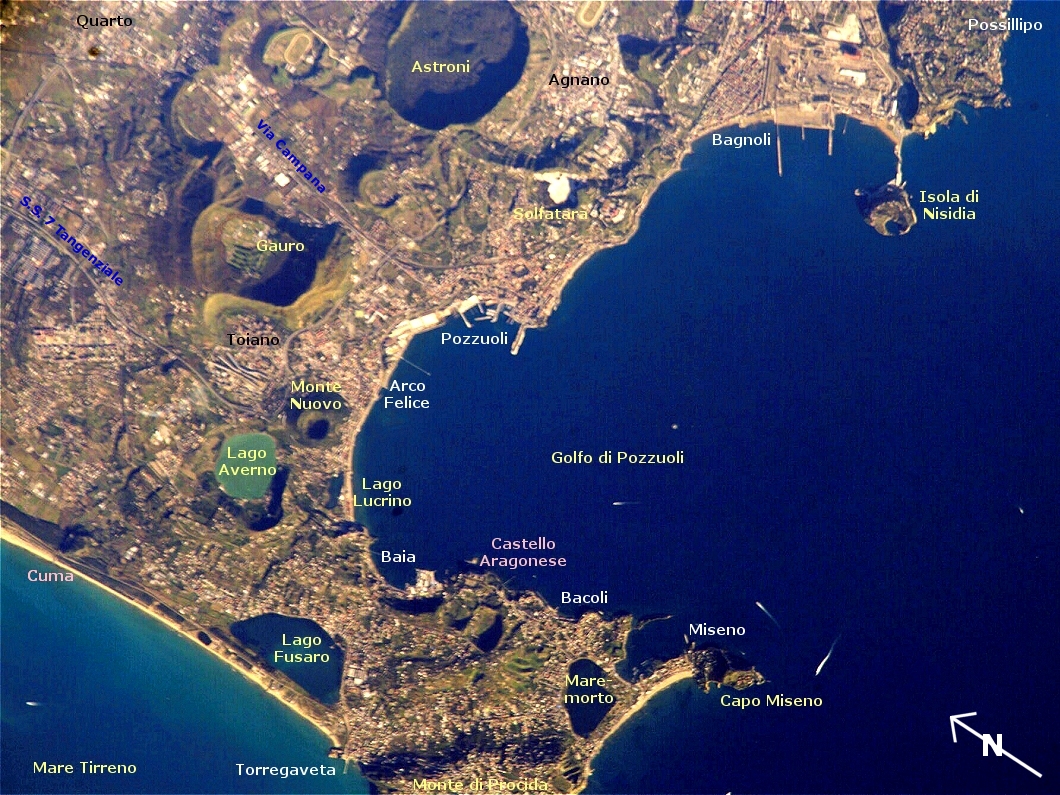 Pozzuoli and the Campi Flegrei with names. Photo taken from the ISS.