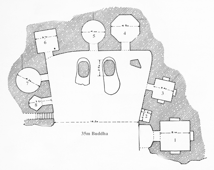 Plan of Cave Chapels at Base of 35m Buddha. Sketch originally produced 1886.