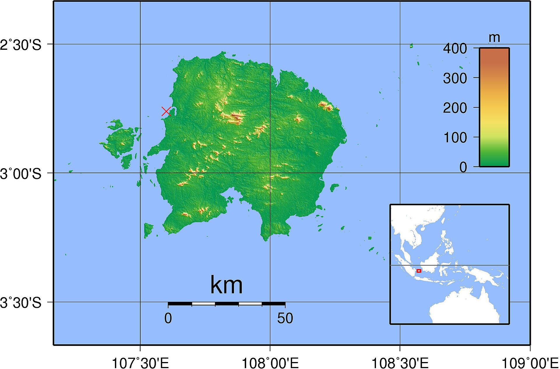 Topographical map of Belitung Island with the Belitung Shipwreck marked with a red cross (2º 45’ S, 107º 35’ E)
