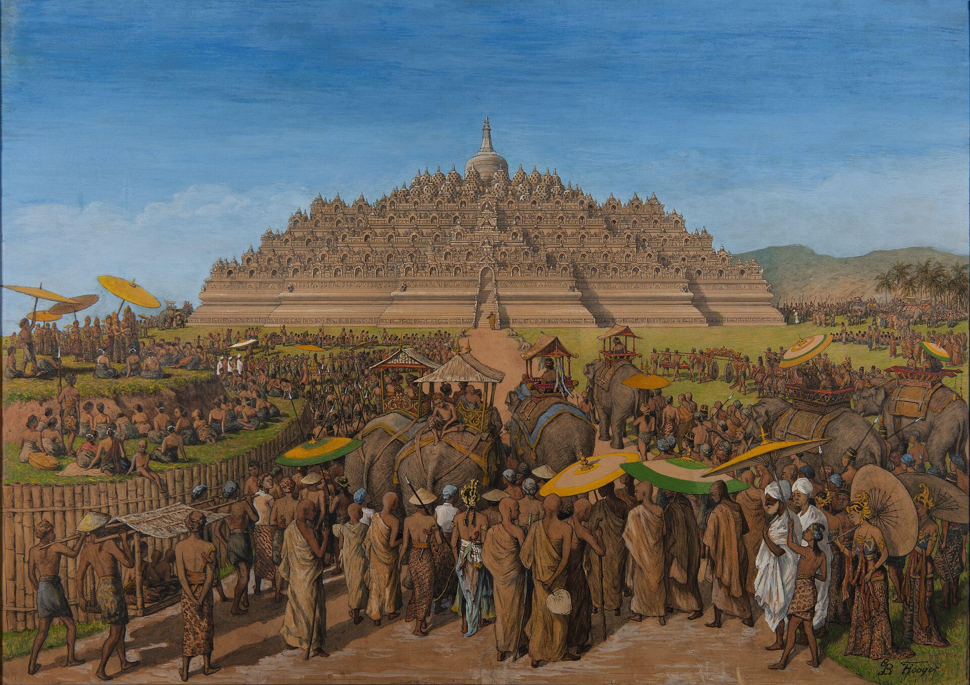 Painting title: "The Borobudur as Pilgrimage Site" (Dutch title: De Borobudur als bedevaartsoord). The painting reconstructs a scene of the Mahayana Buddhist temple in its heyday on Java island. Possibly in the 9th centu