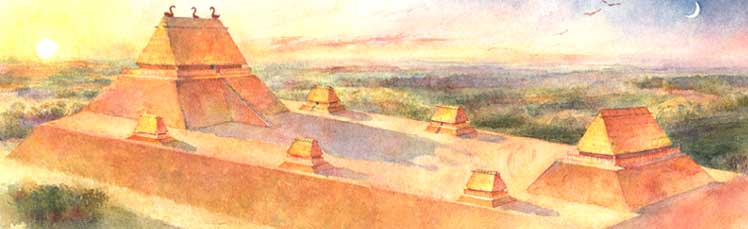 An artists conception of the Emerald Site, (22 AD 504), a Plaquemine culture mound site in Adams County, Mississippi inhabited from 1200 to 1700 CE.
