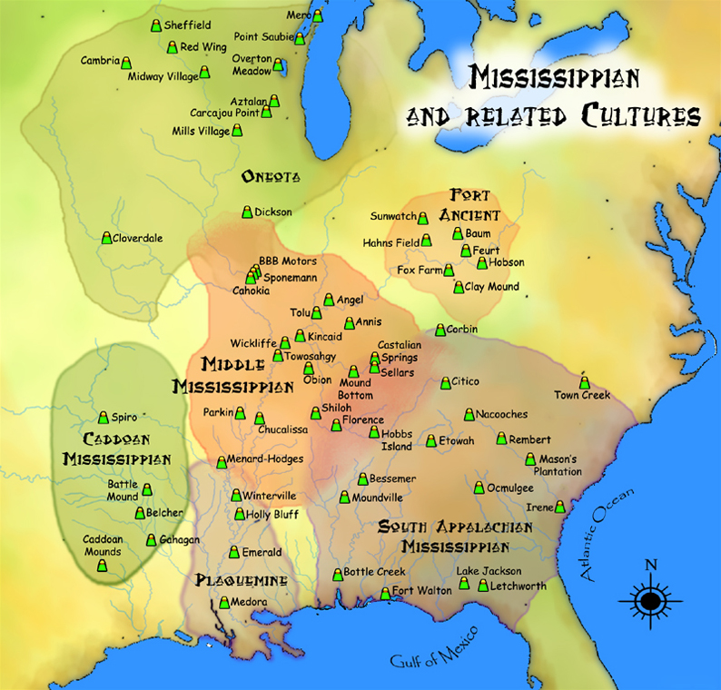 A map showing the various Mississippian cultures, including the Caddoan Mississippian culture and the Plaquemine culture, as well as the other cultures influenced by the Mississippians, the Fort Ancient culture and Oneot