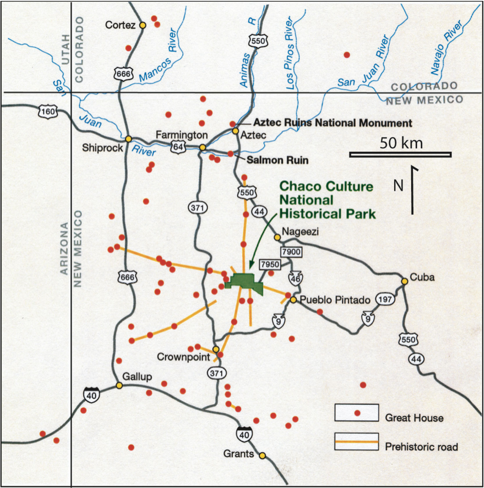 Prehistoric roads and great houses in the San Juan Basin.