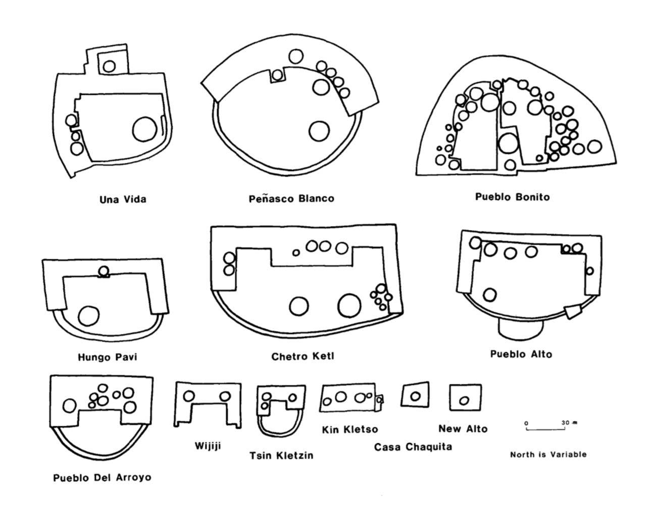 NPS site maps of the major ruins of Chaco Canyon.