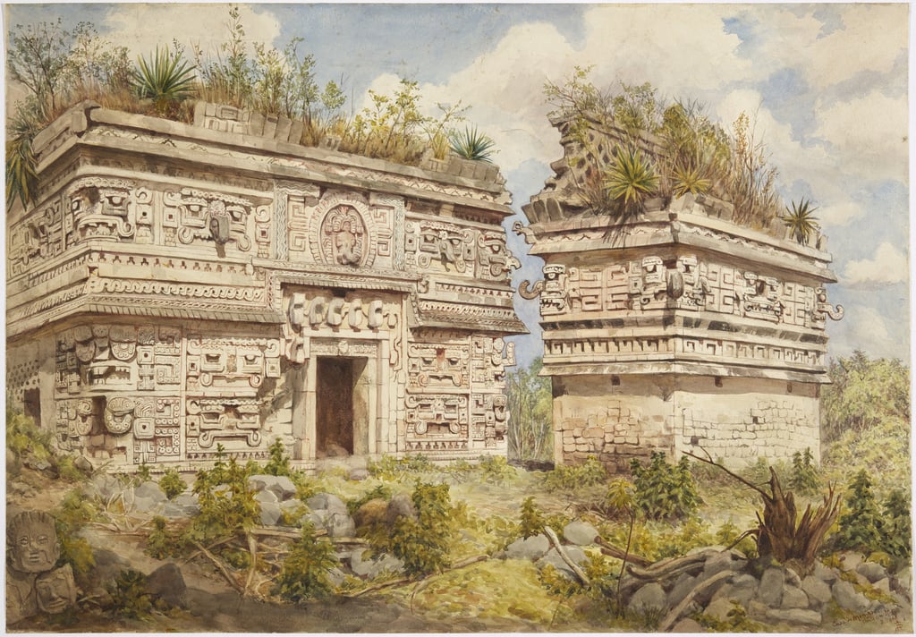 Ruins at Chichen Itza, Yucatan, Mexico c. 1902; watercolor by Adela Breton. Depicts east facade of Building A (Monjas Complex) and Iglesia