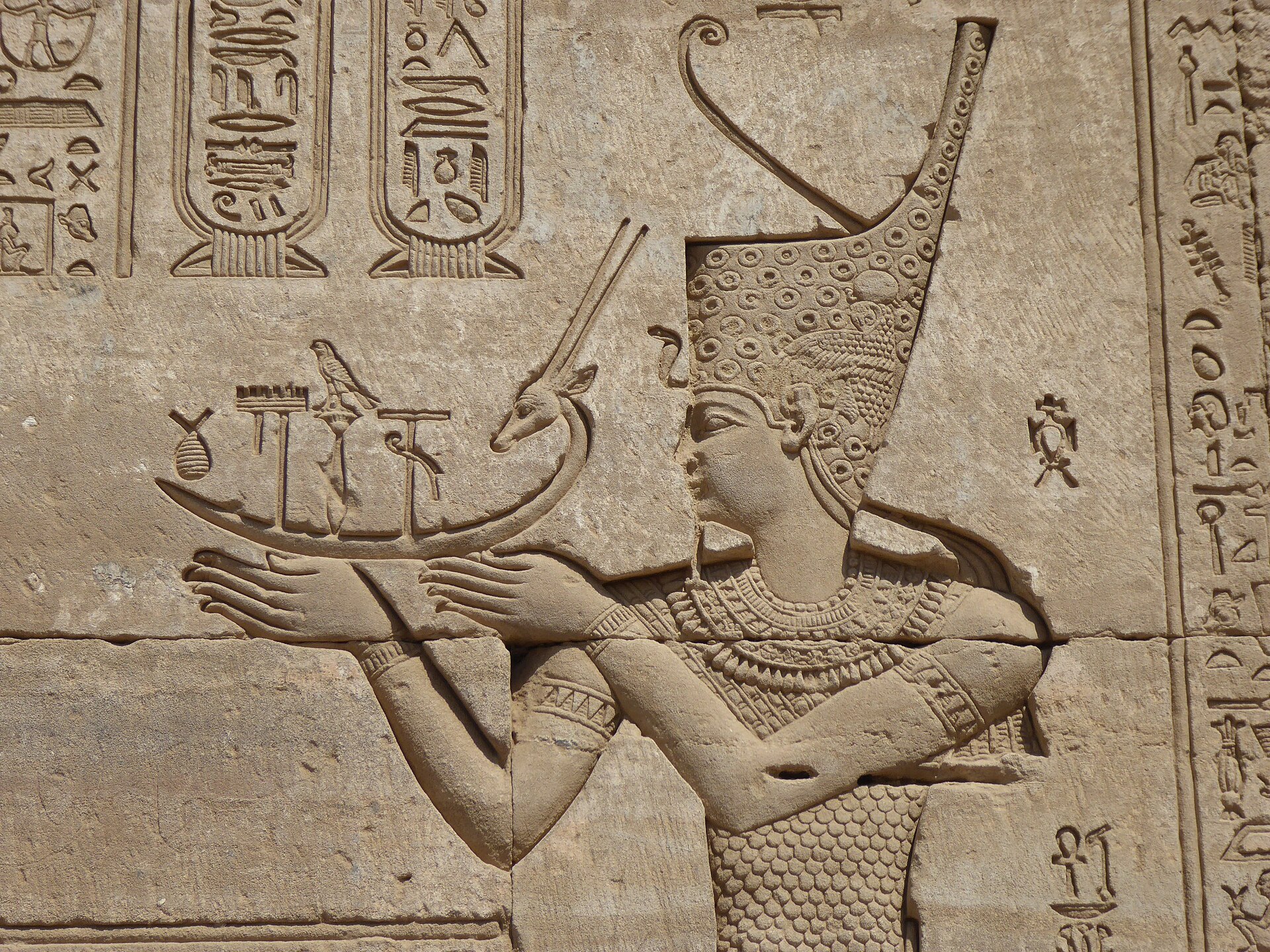 Emperor Trajan, Dendera. Reference: (in English) (2015) SPQR: A History of Ancient Rome, Profile, p. 424 ISBN: 978-1-84765-441-0. Relief panel from the impressive mammisi at Dendera dating mainly to the Roman period, the