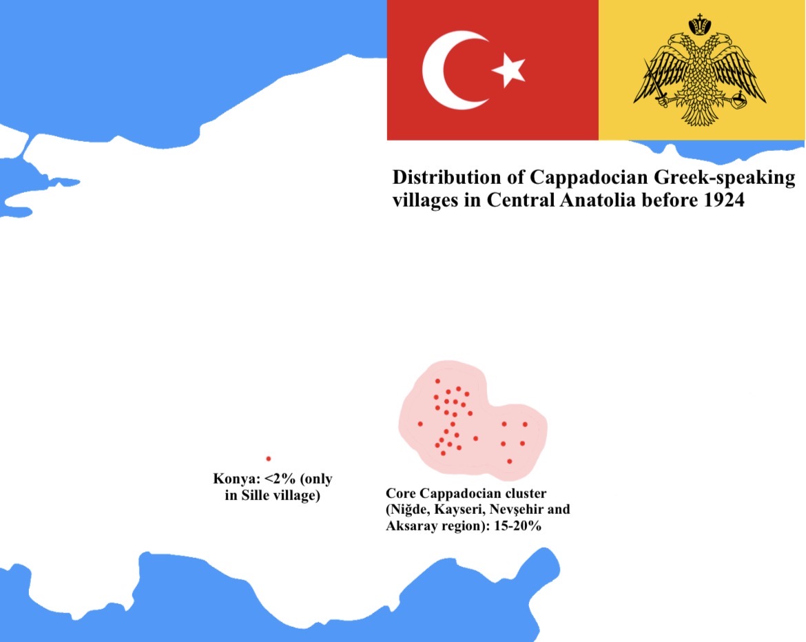 Estimated overall prevalence of Cappadocian Greek speakers by region (pre-1924): • Nevşehir, Niğde, Aksaray and Kayseri Region (core Capp...