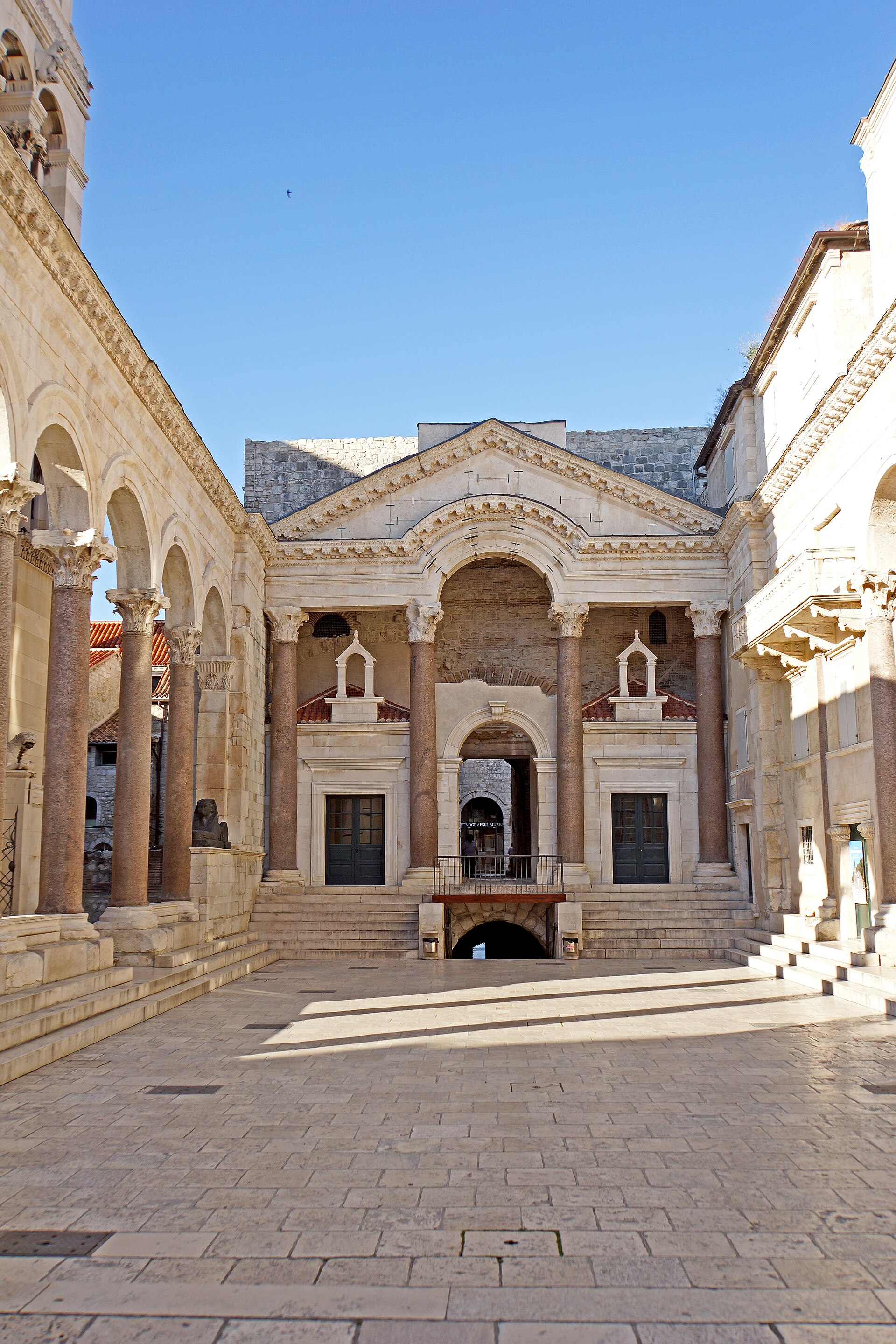 The Peristil is the rectangular space at the centre of Diocletian's Palace. On the left is the Cathedral of St Domnius and straight ahead is the Protiron intended to "frame" Emperor Diocletian as he emerged from his priv
