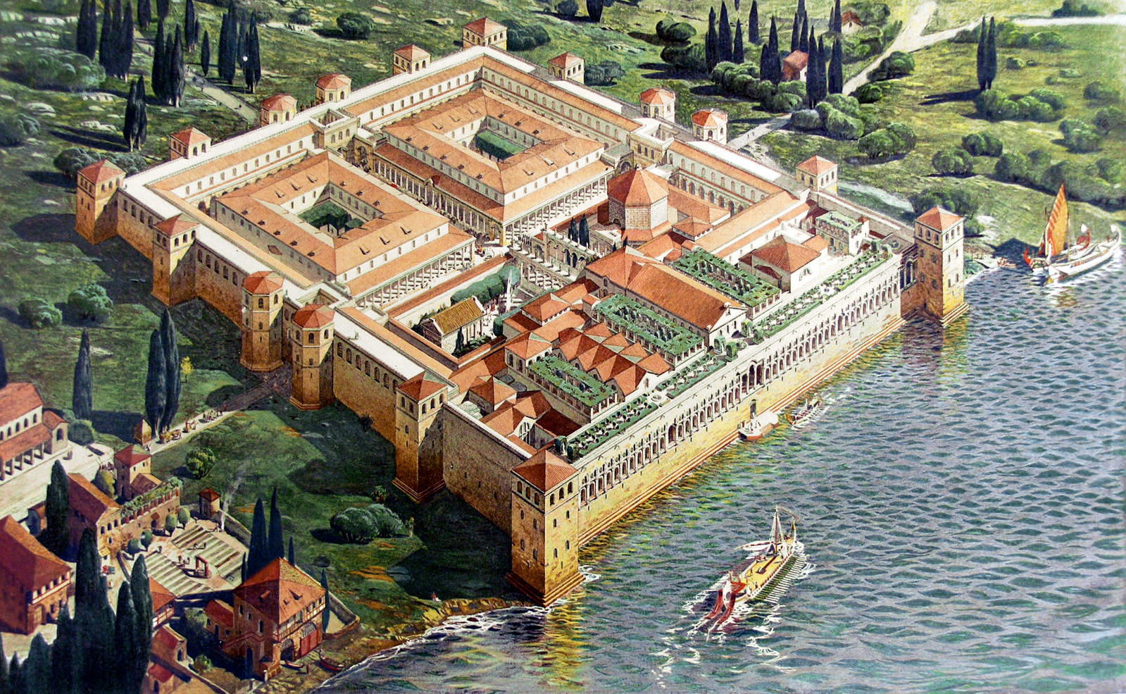 Illustration depicting the Palace of the Roman Emperor Diocletian in its original appearance.