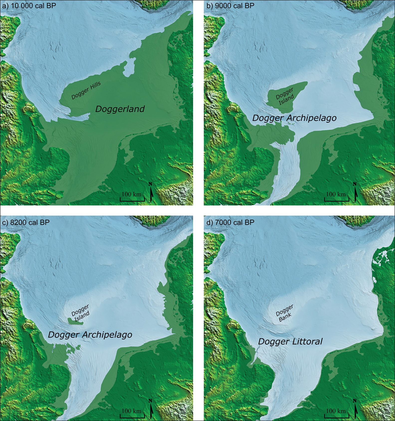 From source: North Sea coastline reconstructions for: a) Doggerland c. 10 000 cal BP; b) Dogger Archipelago c. 9000 cal BP; c) Dogger Archipelago c. 8200 cal BP; d) Dogger Littoral c. 7000 cal BP (image by M. Muru).