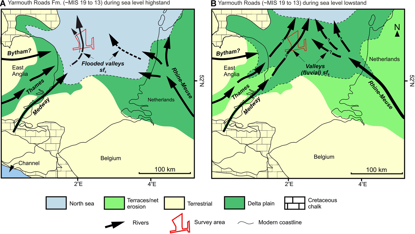 From source: Palaeoenvironmental maps depicting highstand and lowstand scenarios at the time of Yarmouth Roads Fm. deposition. A. Interglacial conditions and flooding of valleys V2 and V3 and draped deposition of fine-gr