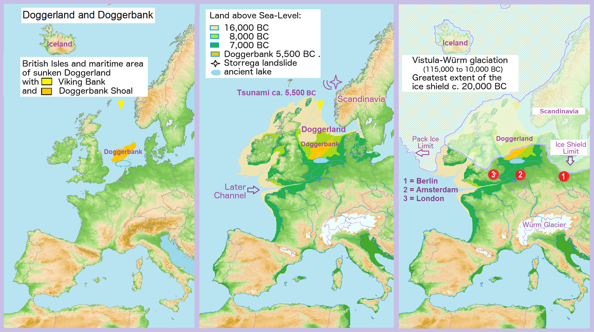 Land bridge between the mainland and Britain - Doggerland and Dogger Bank. Comparison of the geographical situation in 2000 to the late years of the Vistula-Würm Glaciation. Translation from German into English of File:D