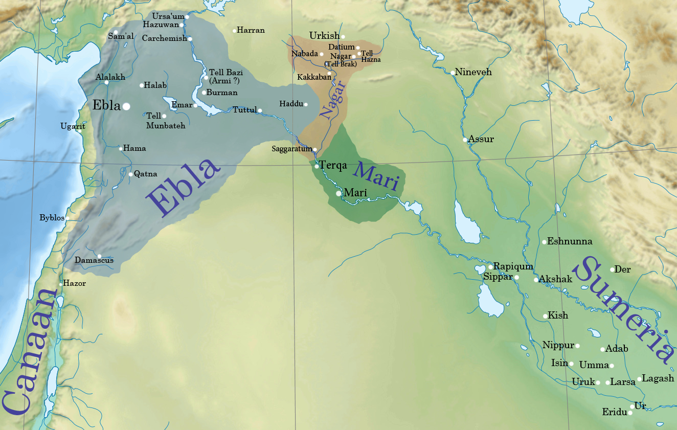 Ebla' first kingdom at its height c. 2340 BC. The first Eblaite kingdom extended from Urshu in the north,1 to Damascus area in the south.2 And from Phoenicia and the coastal mountains in the west,3 4 to Tuttul,5 and Hadd