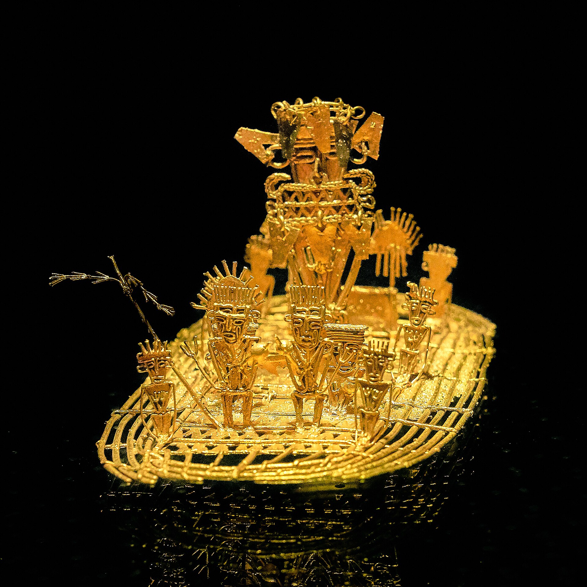 Muisca raft in the Gold Museum, Bogotá, Colombia. This raft made of gold was found in Pasca, Cundinamarca, in 1969, and is associated with the legend of El Dorado, representing the ceremony that used to take place in Lak