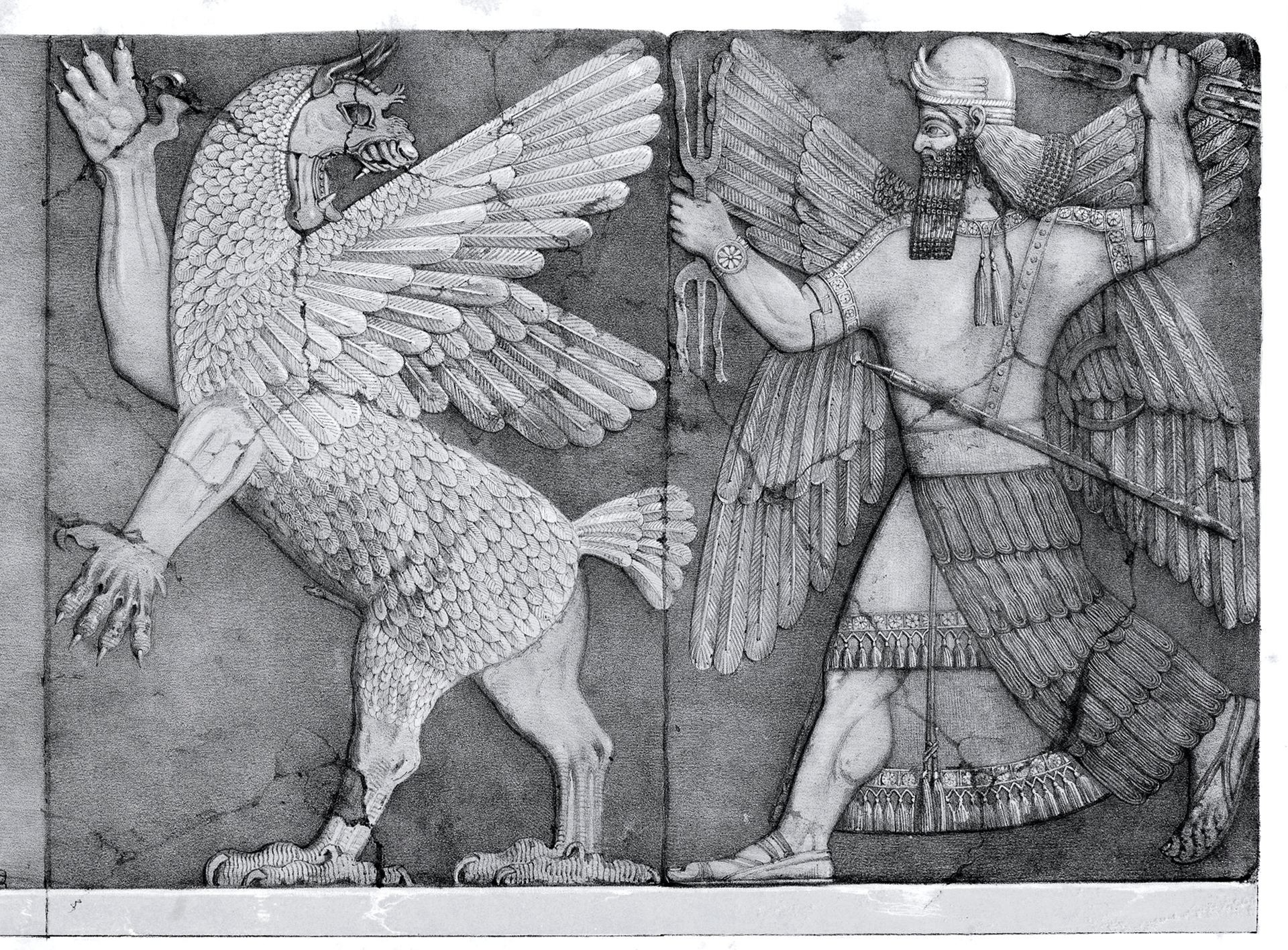 Black and white crop of full engraving plate scan - from Plate 5 of the work "A second series of the monuments of Nineveh: including bas-reliefs from the Palace of Sennacherib and bronzes from the ruins of Nimroud ; from