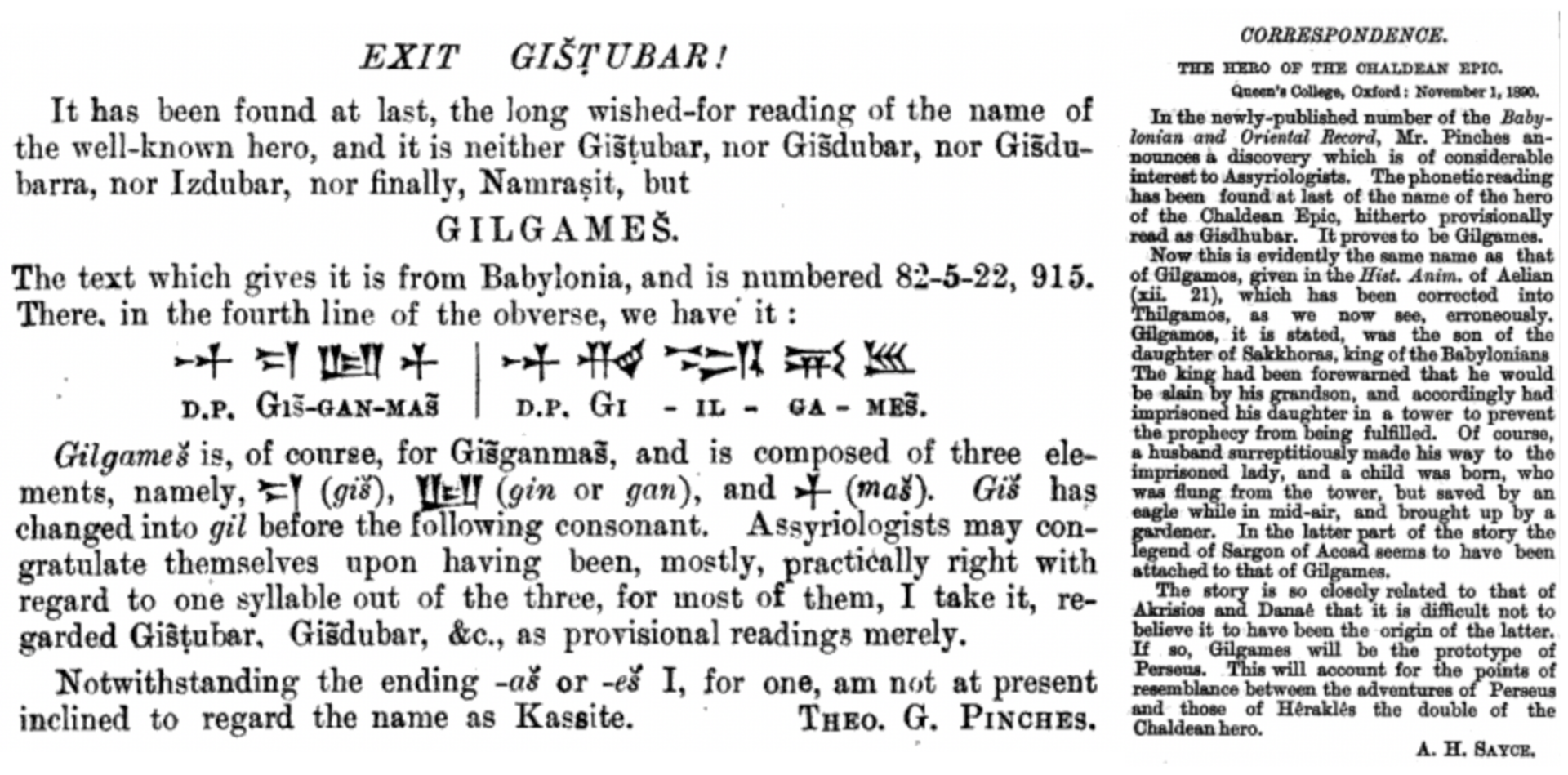 Archibald Sayce's and Theophilus Pinches' interpretation of the new name of Gilgamesh, in 1890