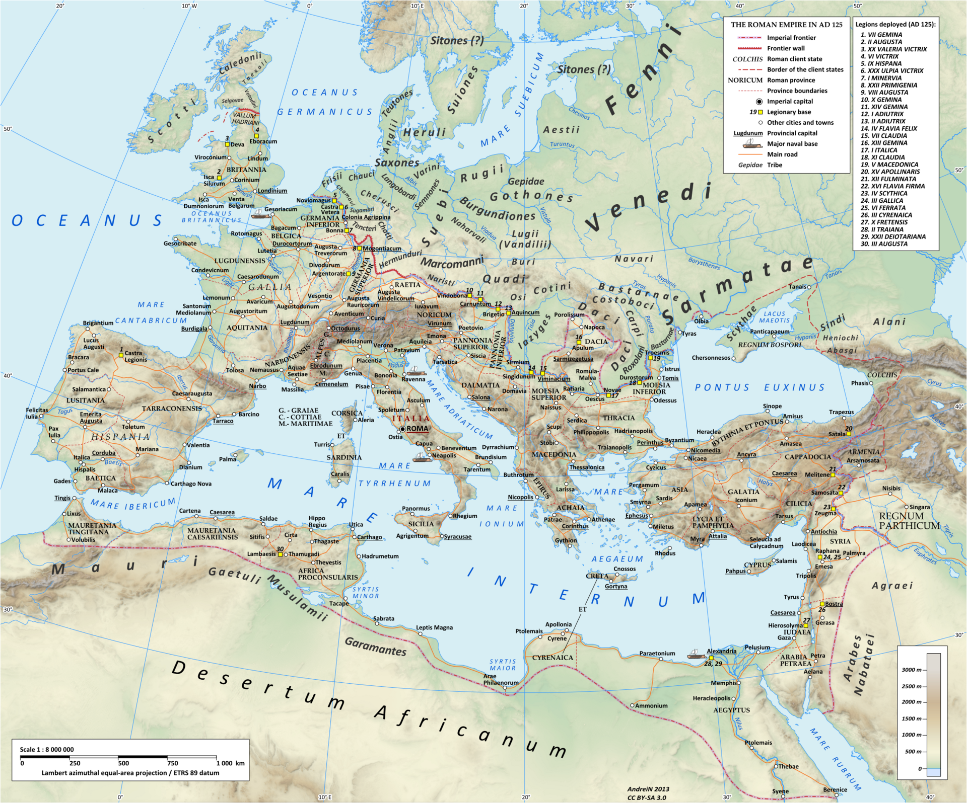 Map of the Roman Empire in 125 during the reign of emperor Hadrian, with anachronistic Germanic tribes from the time of Augustus. Projection Lambert azimuthal-equal area. Central latitude: 45° N, central longitude: 20° E