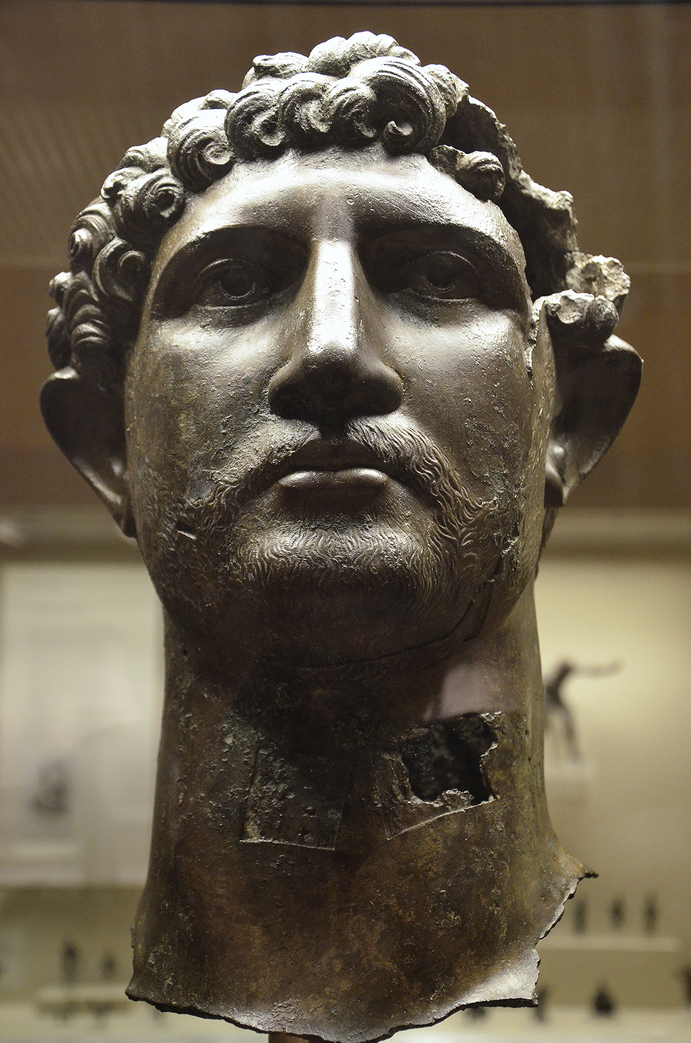 Bronze head from a statue of the Emperor Hadrian, found in the River Thames in London. Now in the British Museum