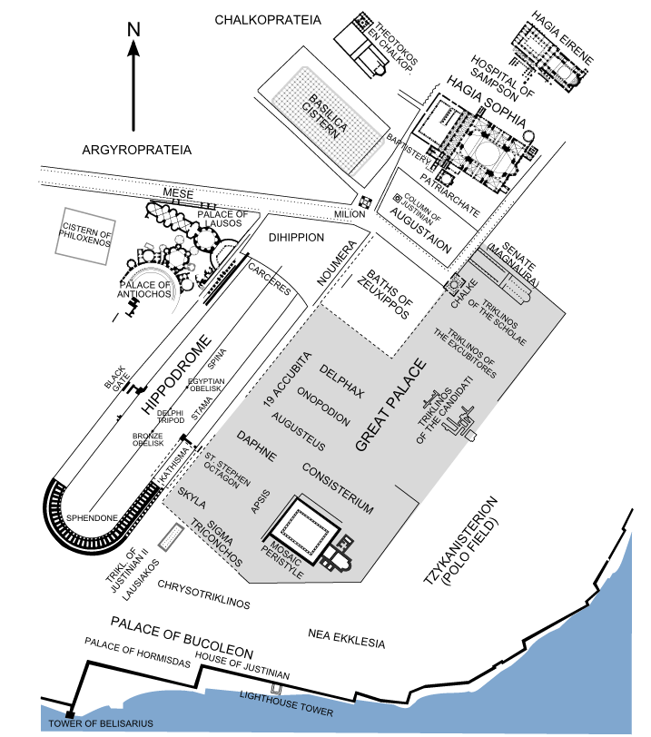 The imperial district of Byzantine Constantinople, with the Great Palace and the approximate locations of its main buildings (based on literary descriptions), the Hippodrome, the Hagia Sophia and the surrounding structur