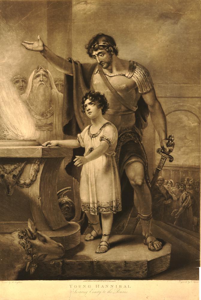 Hannibal as a child, swearing enmity on the Romans while his father, a Carthaginian general, watches.