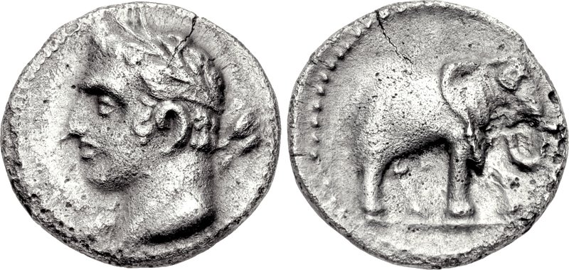 SPAIN, Punic Spain. Circa 237-209 BC. AR Quarter Shekel (13mm, 1.72 g, 12h). Laureate male head left; club over far shoulder / Elephant advancing right. MHC 47 (O31/R46); CNH 15; SNG BM Spain 102 (same dies). VF, lightly