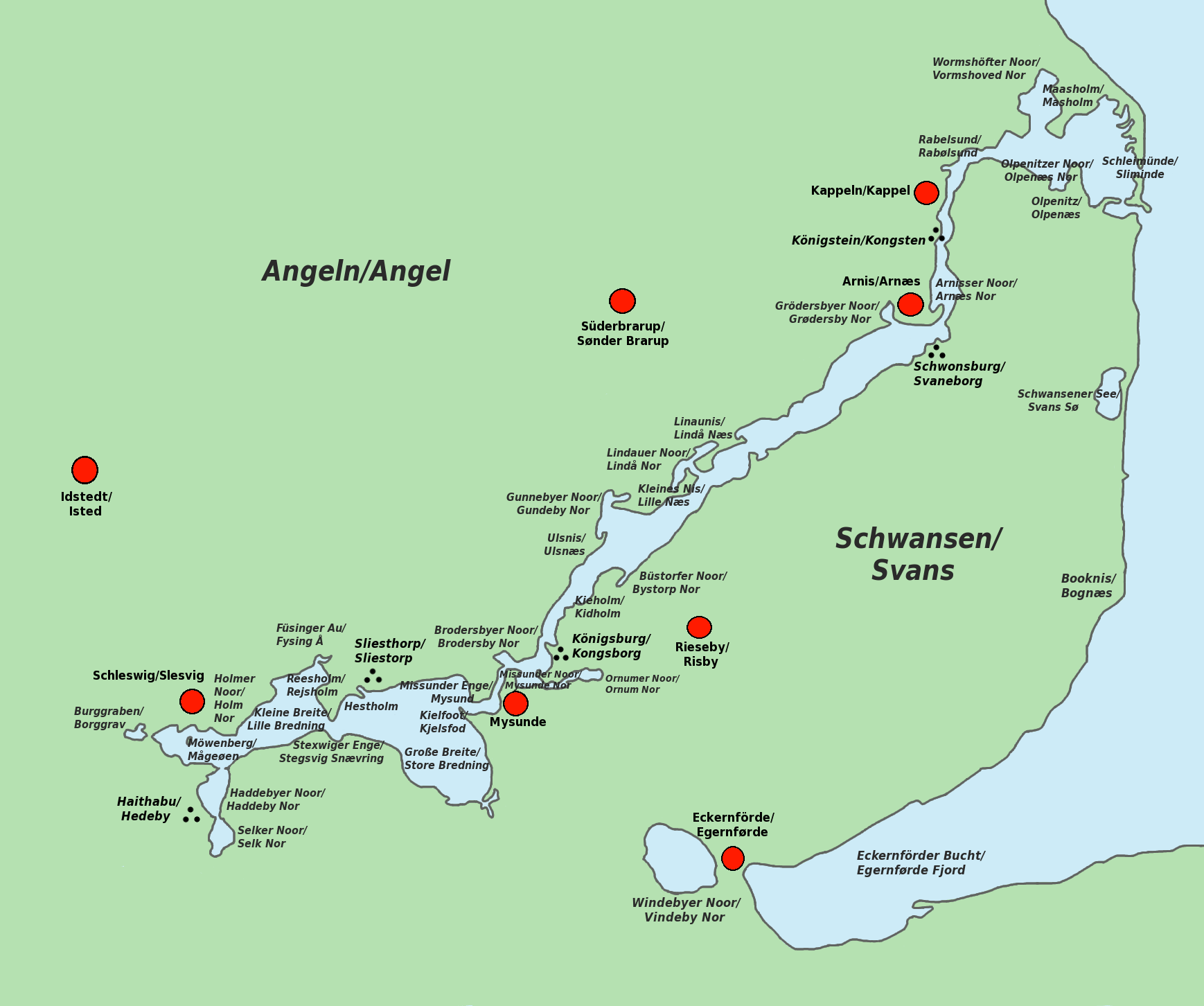 Map of the Schlei Fjord (German and Danish placenames)