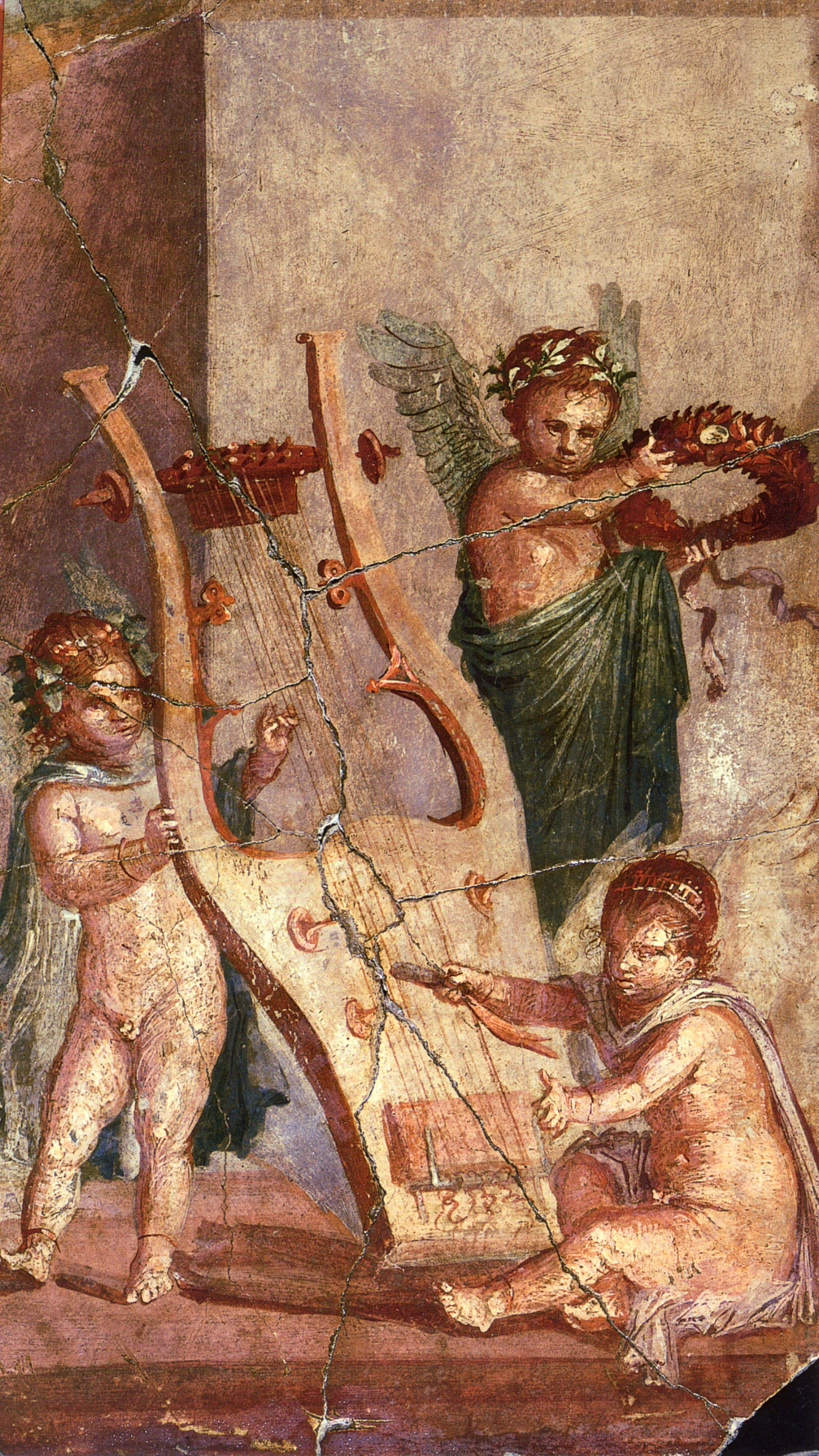 Herculanum (deposit) - Cupids playing with a lyre. Roman fresco from Herculanum (perhaps the Basilica) (detail).