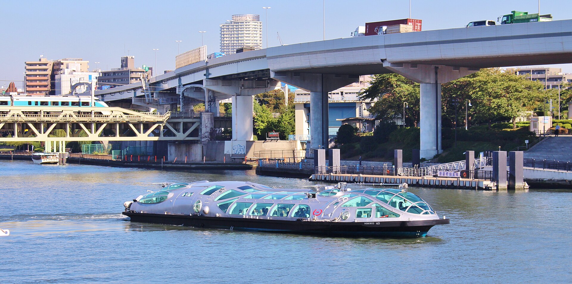 Water taxi called Himiko on the Sumida river in Tokyo Bay.