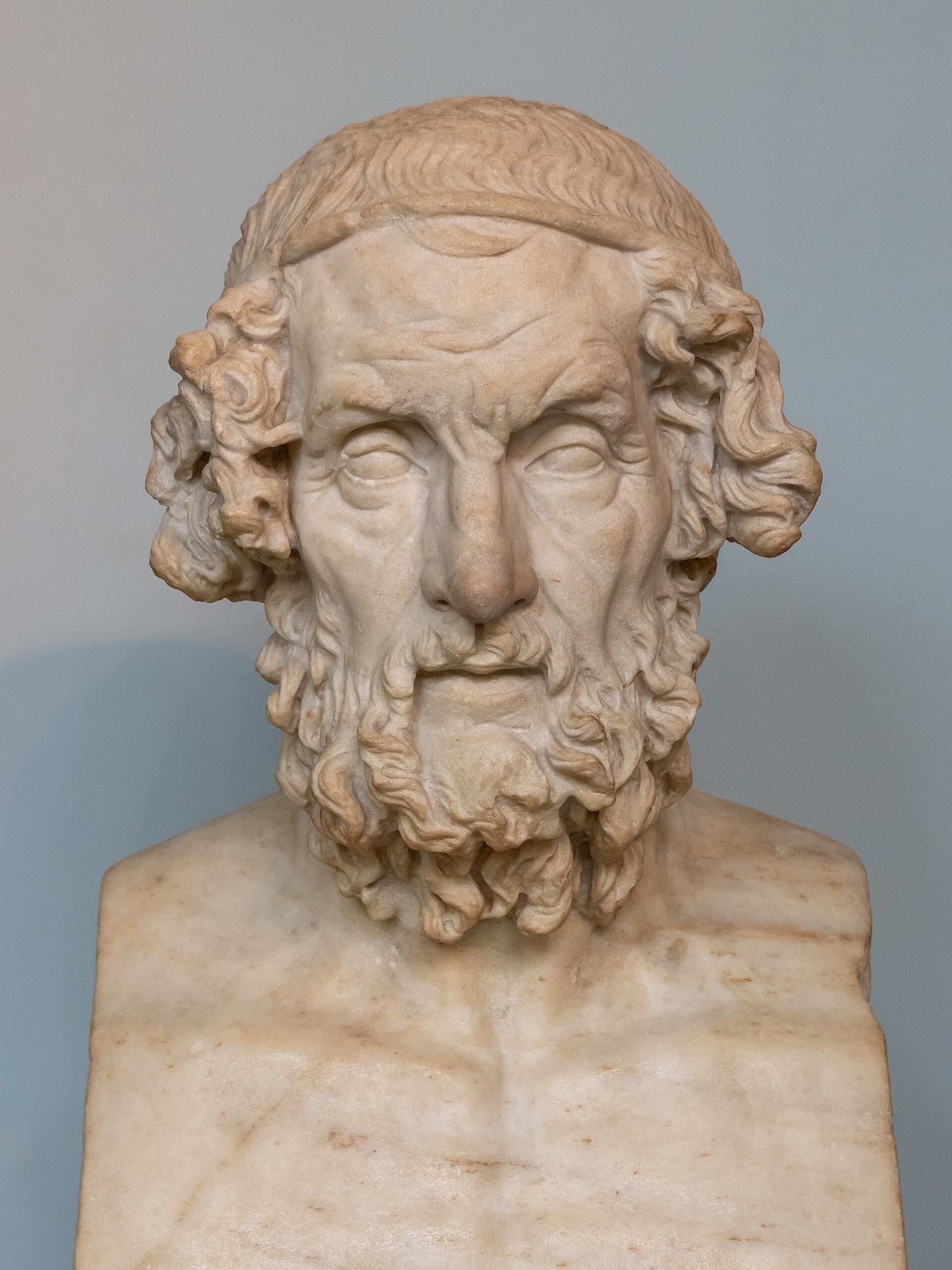 Marble terminal bust of Homer Roman copy after a lost Hellenistic original of the 2nd century BC From Baiae, in Italy Various portraits of the poet Homer are known, all of them created long after his death around 700 BC.