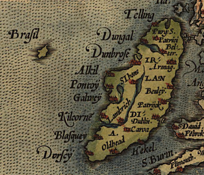 Detail of Abraham Ortelius' 1572 map of Europe, depicting Ireland. The phantom island of Brasil is shown to the west.