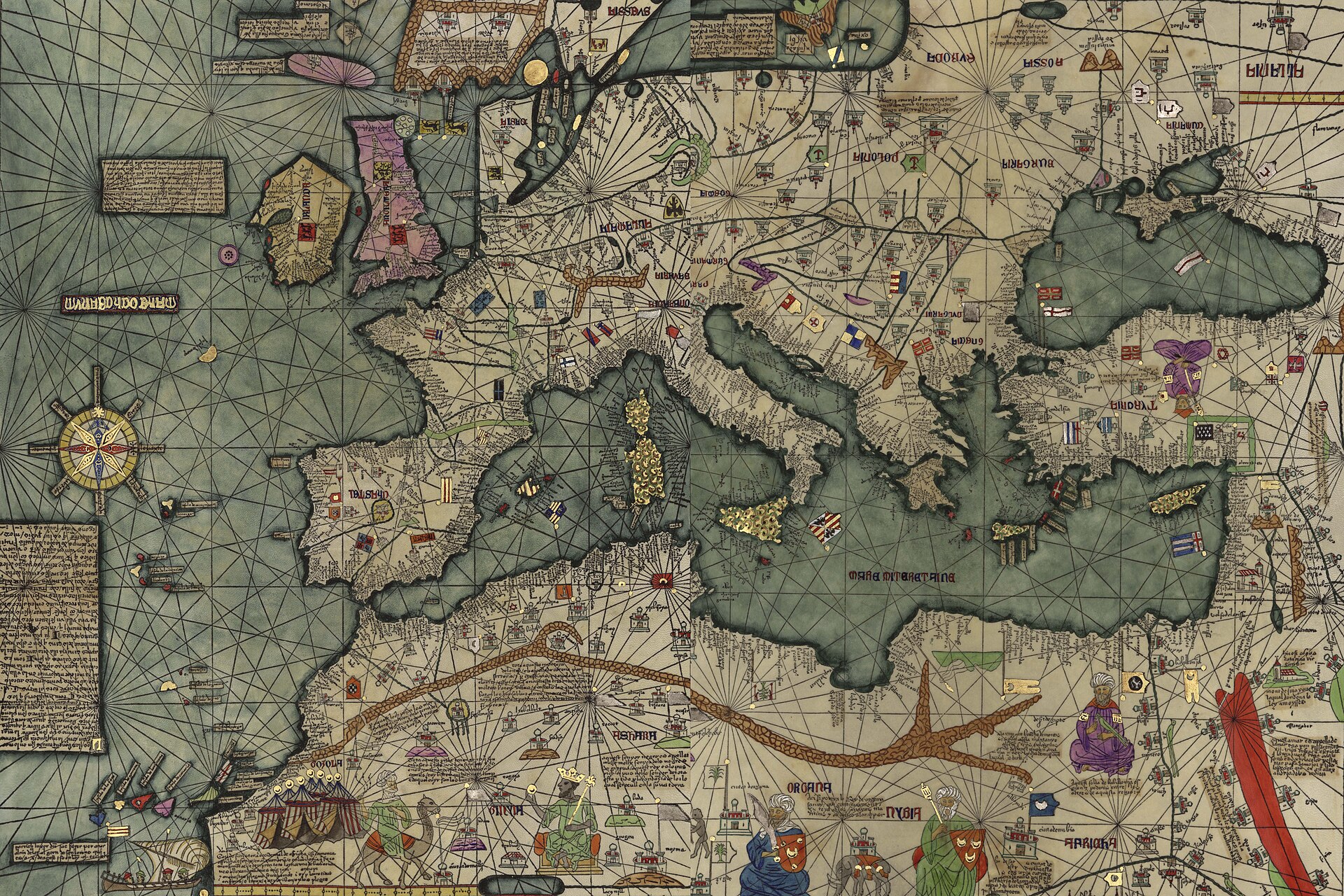 El mar Mediterráneo, copiado del Atlas catalán de Cresques Abraham. Copia de 1959 del original de 1375