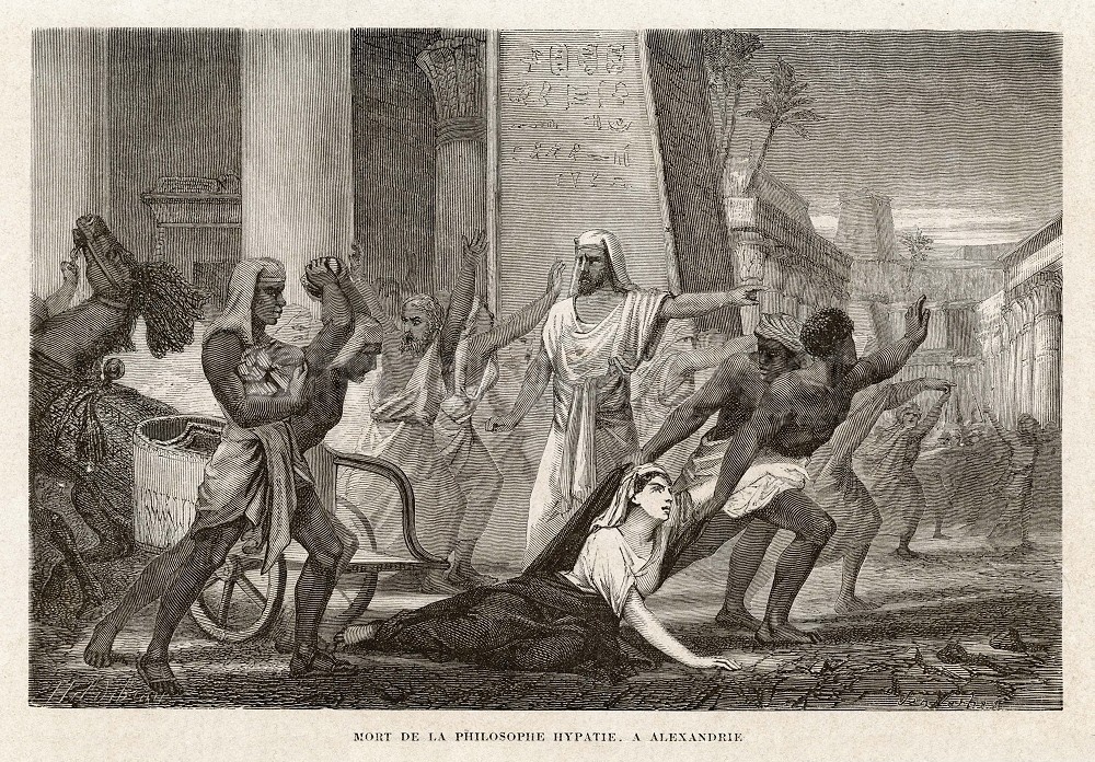 "Death of the philosopher Hypatia, in Alexandria". This particular version is from the book Vies des savants illustres, depuis l'antiquité jusqu'au dix-neuvième siècle , by Louis Figuier, first published 1866: [1]. Howev