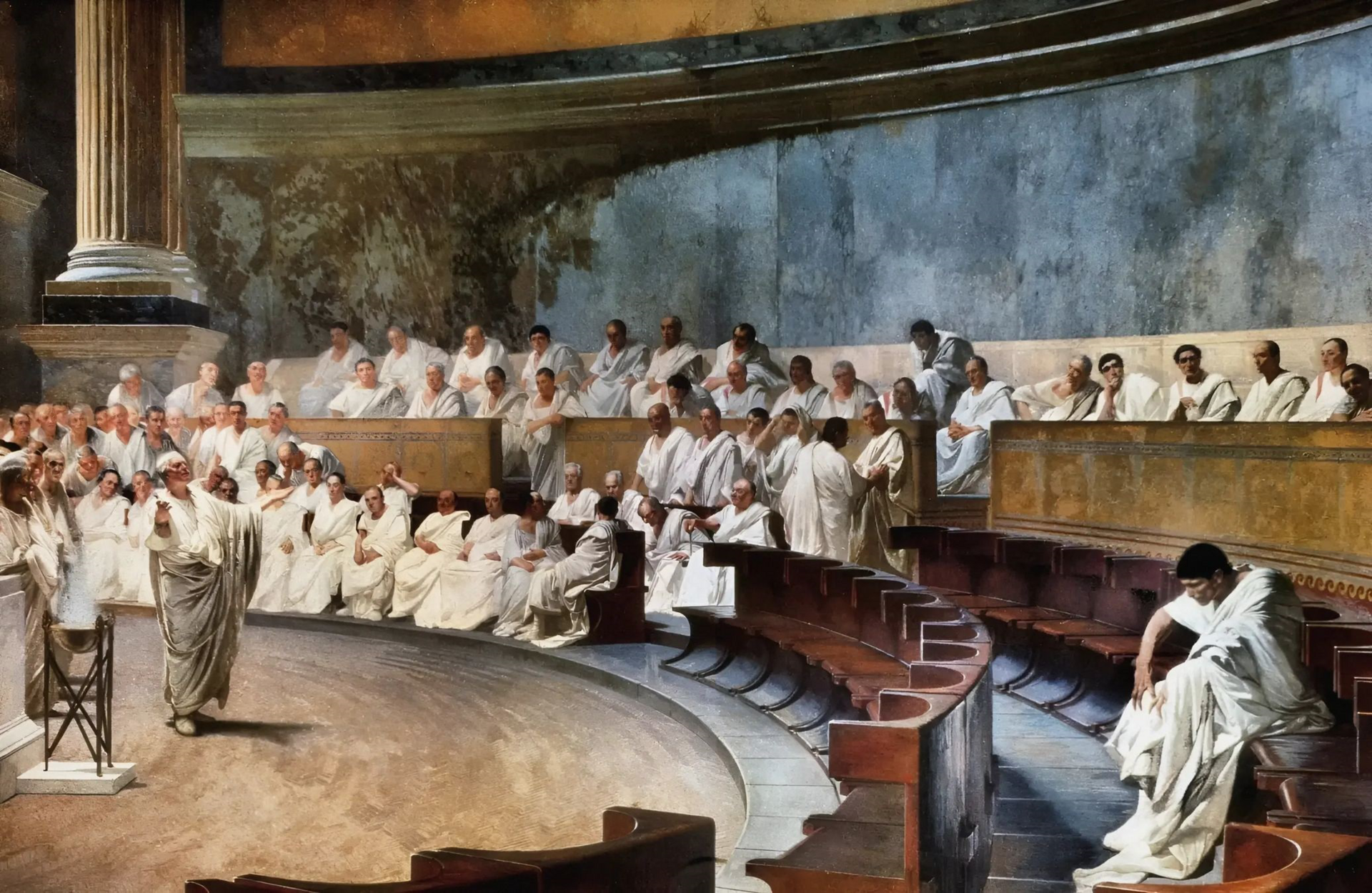 A fresco by Cesare Maccari (1840-1919) depicting Roman senator Cicero (106-43 BCE) denouncing Catiline's conspiracy to overthrow the Republic in the Roman senate. (Palazzo Madama, Rome).