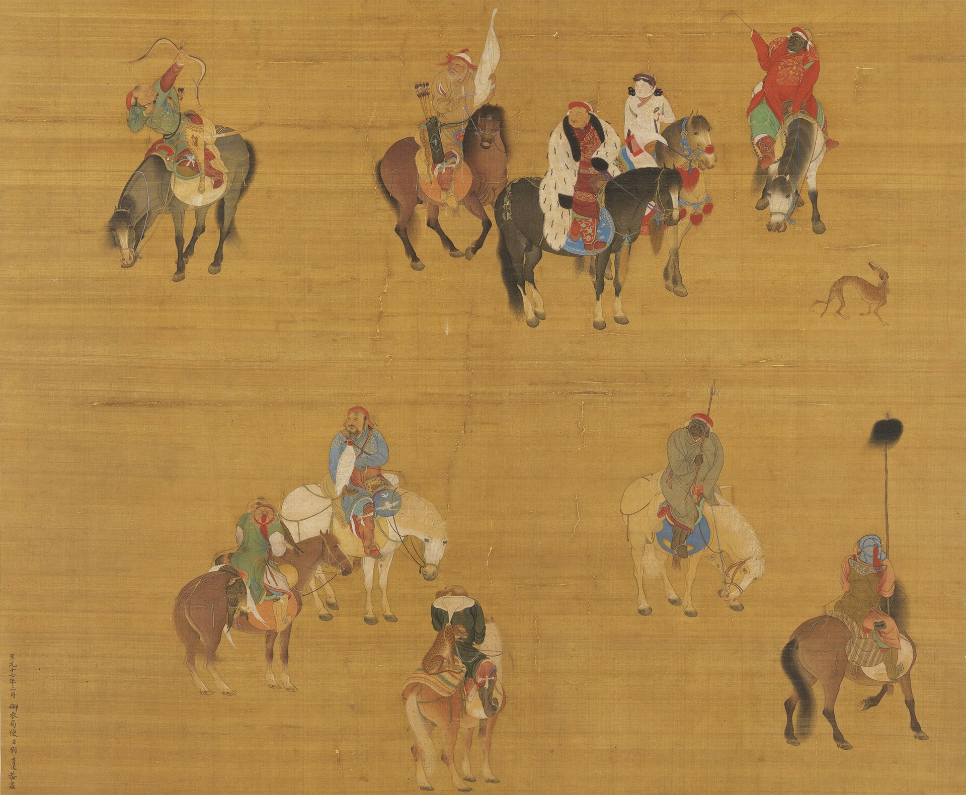 Kublai Khan on a hunting expedition, painted on a silk handscroll (fragment). This was painted in the year 1280 by the Chinese court artist Liu Guandao. Notice how Kublai Khan is wearing distinct Mongolian-style furs ove