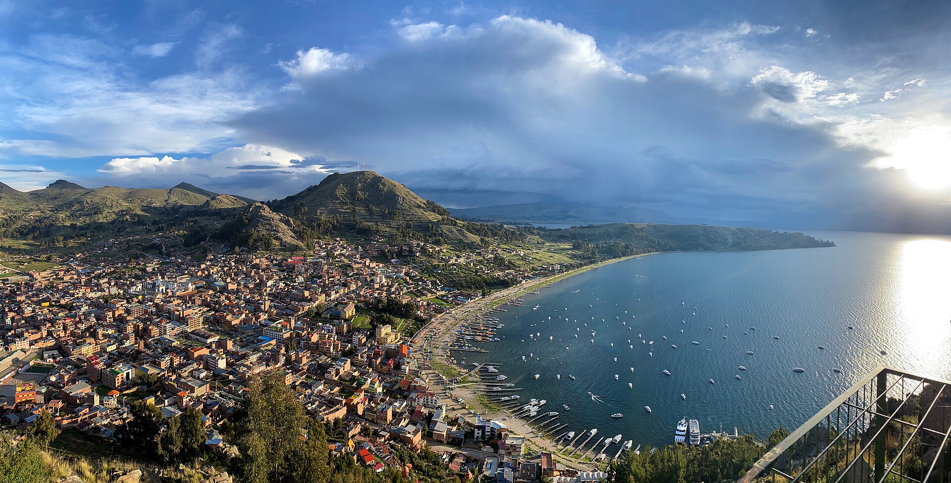 Panoramic view of Copacabana, Bolivia and Lake Titicaca viewed from El Calvario.