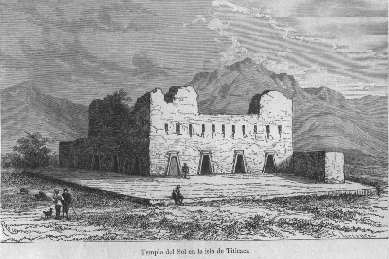 Ancient engraving of the Temple of the Sun on the Island of Titicaca.