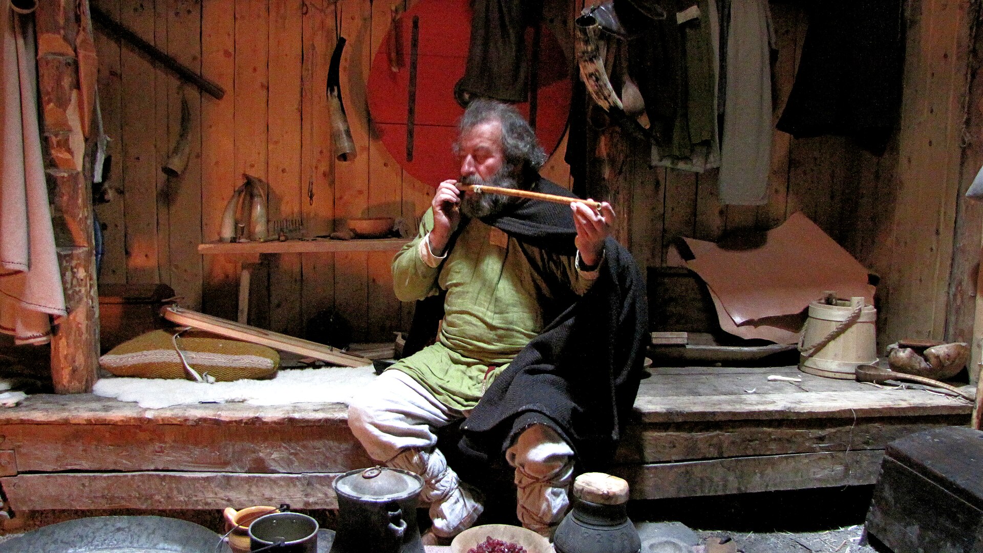 Inside Norse long house recreation, L'Anse aux Meadows, Newfoundland and Labrador, Canada